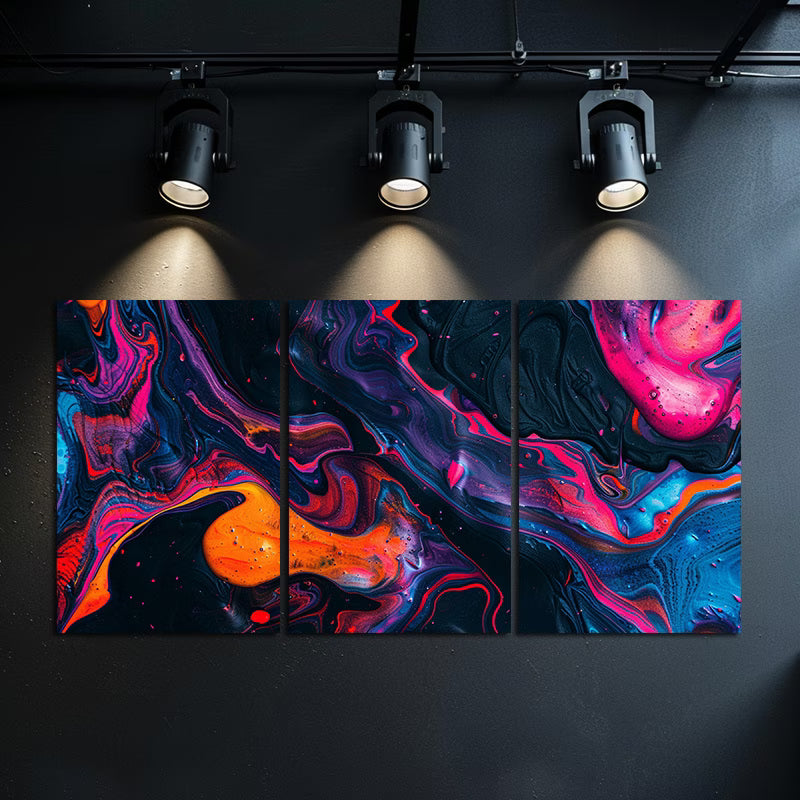 3pcs Abstract Swirls in Neon Red Orange & Violet Wall Art Set Canvas Framed 50x70cm - High Quality Print 100% Australian Made Wall Canvas Ready to Hang