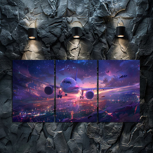 3pcs Vibrant Airplane & Cityscape Illustration Wall Art Set Canvas Framed 60x90cm - High Quality Print 100% Australian Made Wall Canvas Ready to Hang
