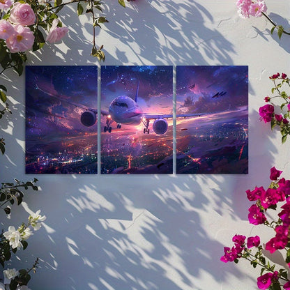 3pcs Vibrant Airplane & Cityscape Illustration Wall Art Set Canvas Framed 50x70cm - High Quality Print 100% Australian Made Wall Canvas Ready to Hang