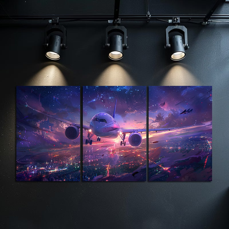 3pcs Vibrant Airplane & Cityscape Illustration Wall Art Set Canvas Framed 50x70cm - High Quality Print 100% Australian Made Wall Canvas Ready to Hang