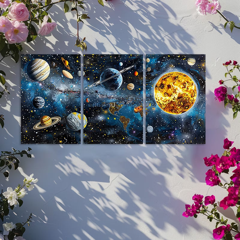 3pcs Artistic Planets and Rings Space Themed Wall Art Set Canvas Framed 50x70cm - High Quality Print 100% Australian Made Wall Canvas Ready to Hang - Bella Home Decor