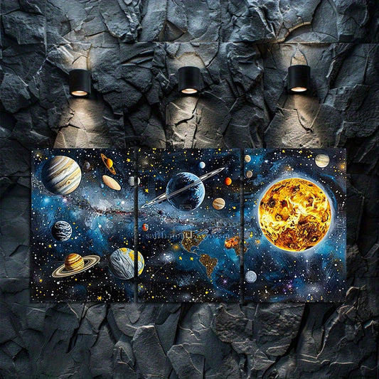 3pcs Artistic Planets and Rings Space Themed Wall Art Set Canvas Framed 50x70cm - High Quality Print 100% Australian Made Wall Canvas Ready to Hang
