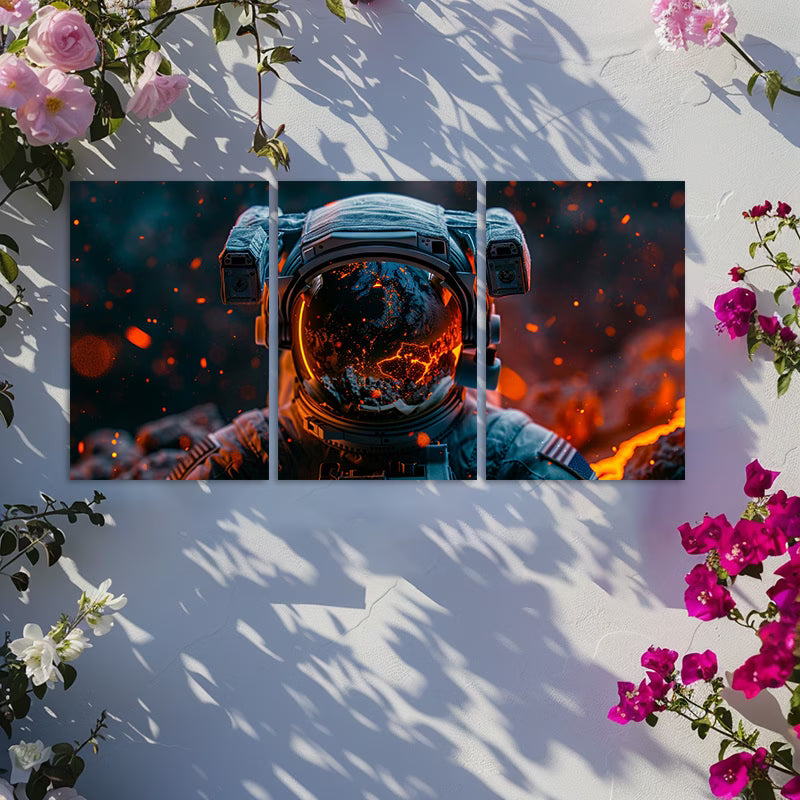 3pcs Astronaut Helmet Earth Lava Reflection Wall Art Set Canvas Framed 60x90cm - High Quality Print 100% Australian Made Wall Canvas Ready to Hang - Bella Home Decor