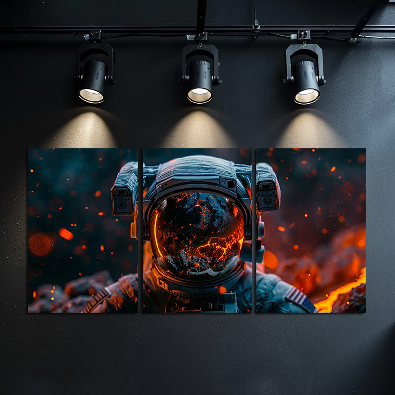3pcs Astronaut Helmet Earth Lava Reflection Wall Art Set Canvas Framed 60x90cm - High Quality Print 100% Australian Made Wall Canvas Ready to Hang - Bella Home Decor