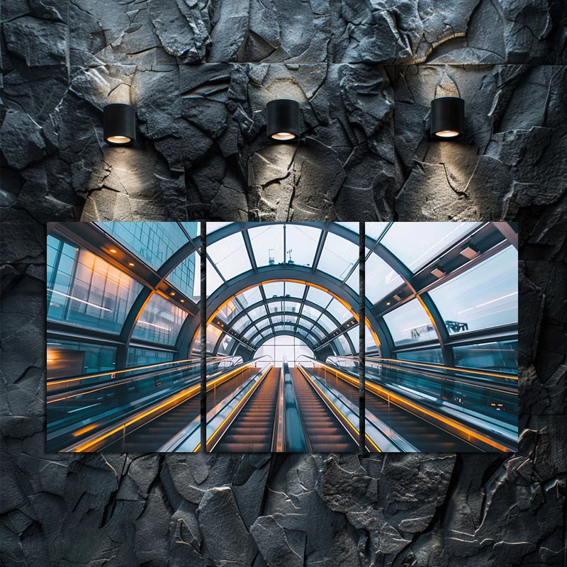 3pcs Glowing Escalator in Blue and Yellow Tunnel Wall Art Set Canvas Framed 60x90cm - High Quality Print 100% Australian Made Wall Canvas Ready to Hang - Bella Home Decor