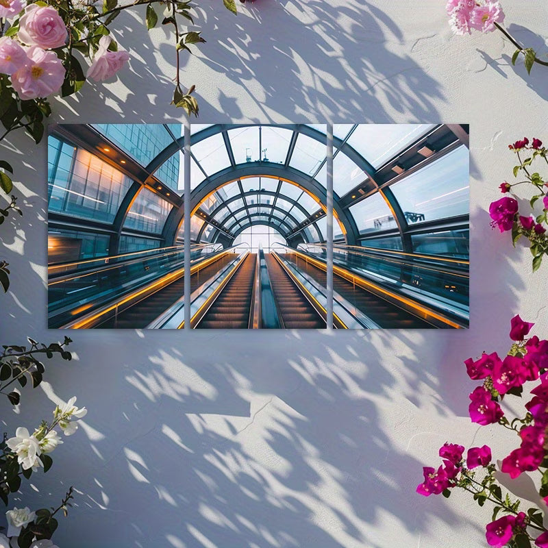 3pcs Glowing Escalator in Blue and Yellow Tunnel Wall Art Set Canvas Framed 50x70cm - High Quality Print 100% Australian Made Wall Canvas Ready to Hang - Bella Home Decor