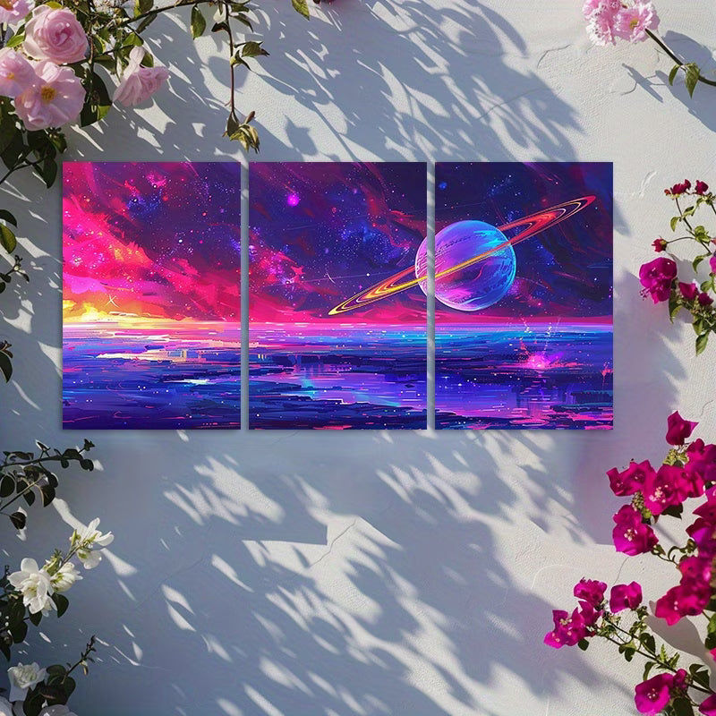 3pcs Solar System Space Themed Wall Art Set Canvas Framed 50x70cm - High Quality Print 100% Australian Made Wall Canvas Ready to Hang