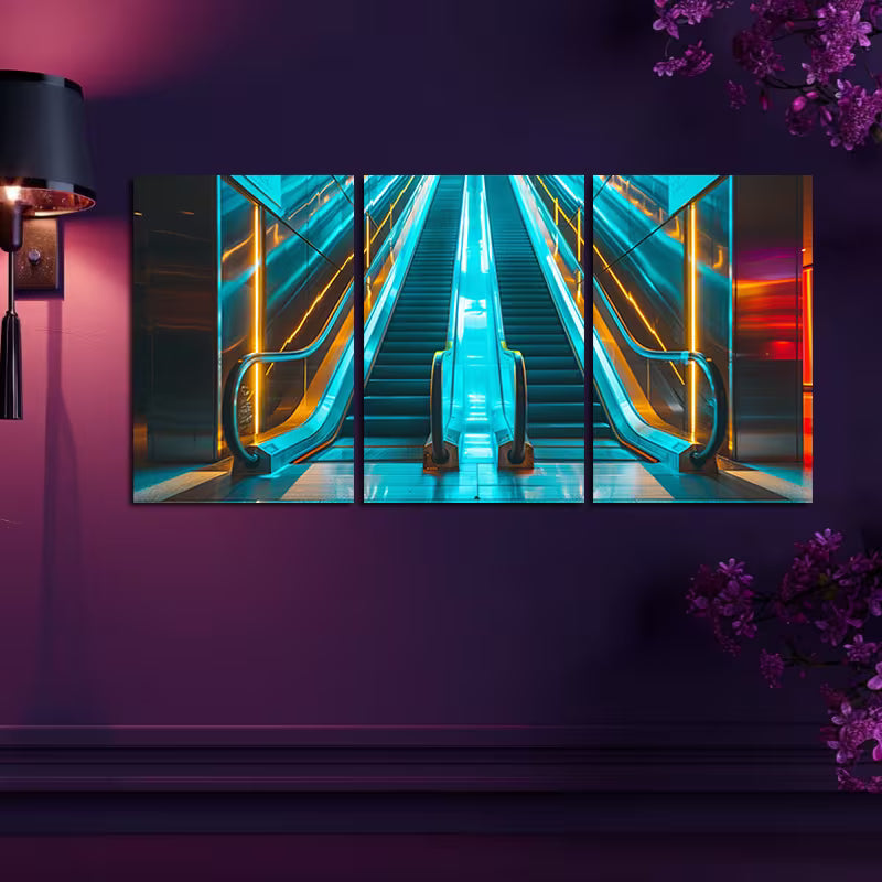 3pcs Modern Escalator Illustration Wall Art Set Canvas Framed 40x60cm - High Quality Print 100% Australian Made Wall Canvas Ready to Hang