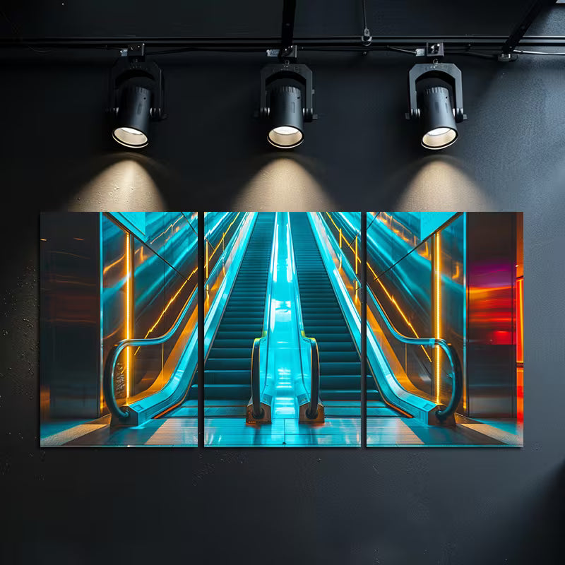 3pcs Modern Escalator Illustration Wall Art Set Canvas Framed 50x70cm - High Quality Print 100% Australian Made Wall Canvas Ready to Hang