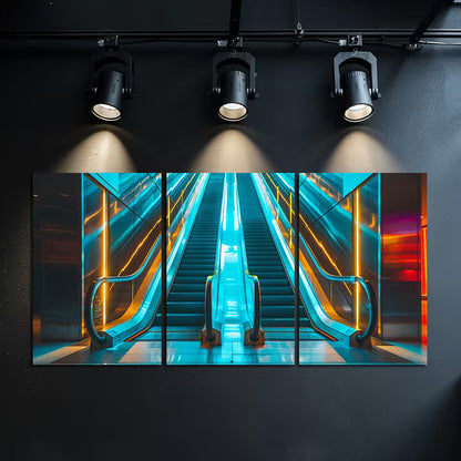 3pcs Modern Escalator Illustration Wall Art Set Canvas Framed 50x70cm - High Quality Print 100% Australian Made Wall Canvas Ready to Hang