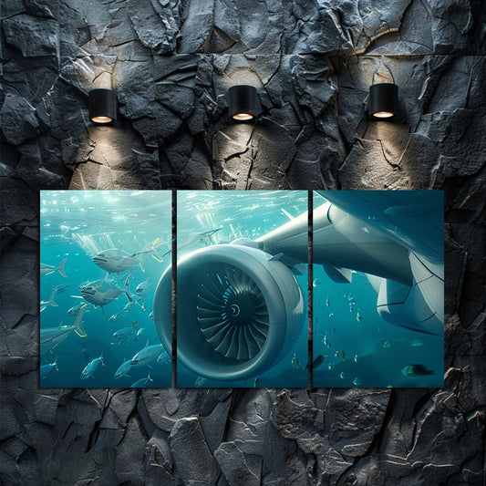3pcs Aircraft Turbine Underwater Scene Wall Art Set Canvas Framed 50x70cm - High Quality Print 100% Australian Made Wall Canvas Ready to Hang