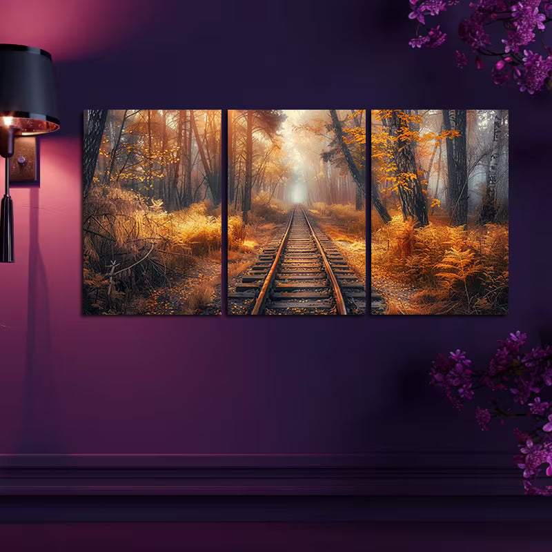 3pcs Autumn Forest Old Broken Railroad Track Wall Art Set Canvas Framed 40x60cm - High Quality Print 100% Australian Made Wall Canvas Ready to Hang - Bella Home Decor