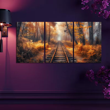 3pcs Autumn Forest Old Broken Railroad Track Wall Art Set Canvas Framed 50x70cm - High Quality Print 100% Australian Made Wall Canvas Ready to Hang - Bella Home Decor
