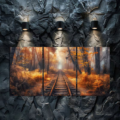3pcs Autumn Forest Old Broken Railroad Track Wall Art Set Canvas Framed 40x60cm - High Quality Print 100% Australian Made Wall Canvas Ready to Hang - Bella Home Decor