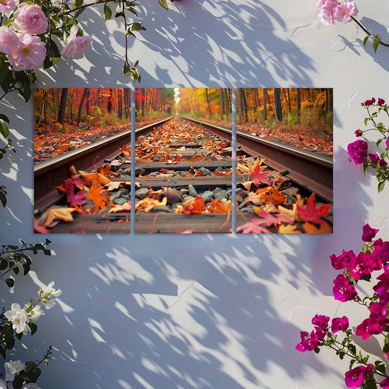 3pcs Fallen Leaves and Rocks on Railway Track Wall Art Set Canvas Framed 50x70cm - High Quality Print 100% Australian Made Wall Canvas Ready to Hang