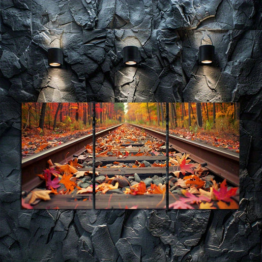 3pcs Fallen Leaves and Rocks on Railway Track Wall Art Set Canvas Framed 60x90cm - High Quality Print 100% Australian Made Wall Canvas Ready to Hang