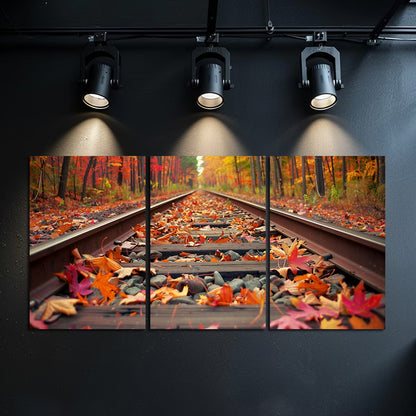 3pcs Fallen Leaves and Rocks on Railway Track Wall Art Set Canvas Framed 50x70cm - High Quality Print 100% Australian Made Wall Canvas Ready to Hang