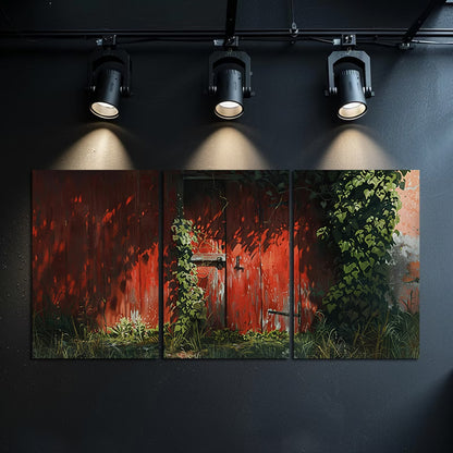 3pcs Rustic Red Wooden Cabin with Vines and Ivy Wall Art Set Canvas Framed 60x90cm - High Quality Print 100% Australian Made Wall Canvas Ready to Hang