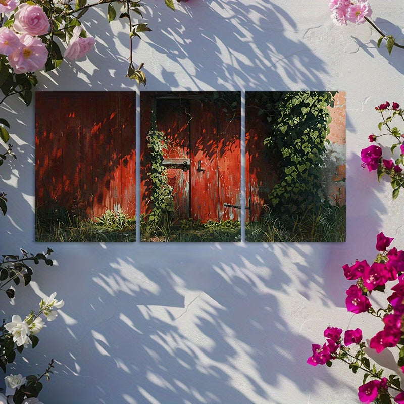 3pcs Rustic Red Wooden Cabin with Vines and Ivy Wall Art Set Canvas Framed 60x90cm - High Quality Print 100% Australian Made Wall Canvas Ready to Hang