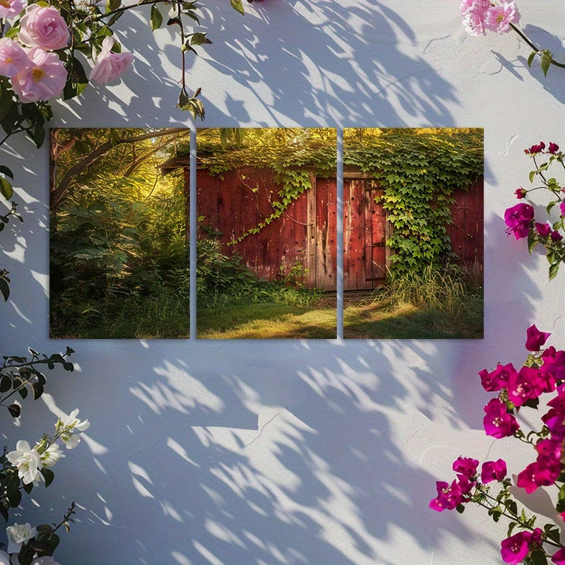 3pcs Old Red Wooden Cabin Covered in Vines Wall Art Set Canvas Framed 60x90cm - High Quality Print 100% Australian Made Wall Canvas Ready to Hang