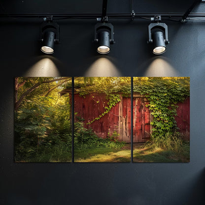 3pcs Old Red Wooden Cabin Covered in Vines Wall Art Set Canvas Framed 40x60cm - High Quality Print 100% Australian Made Wall Canvas Ready to Hang