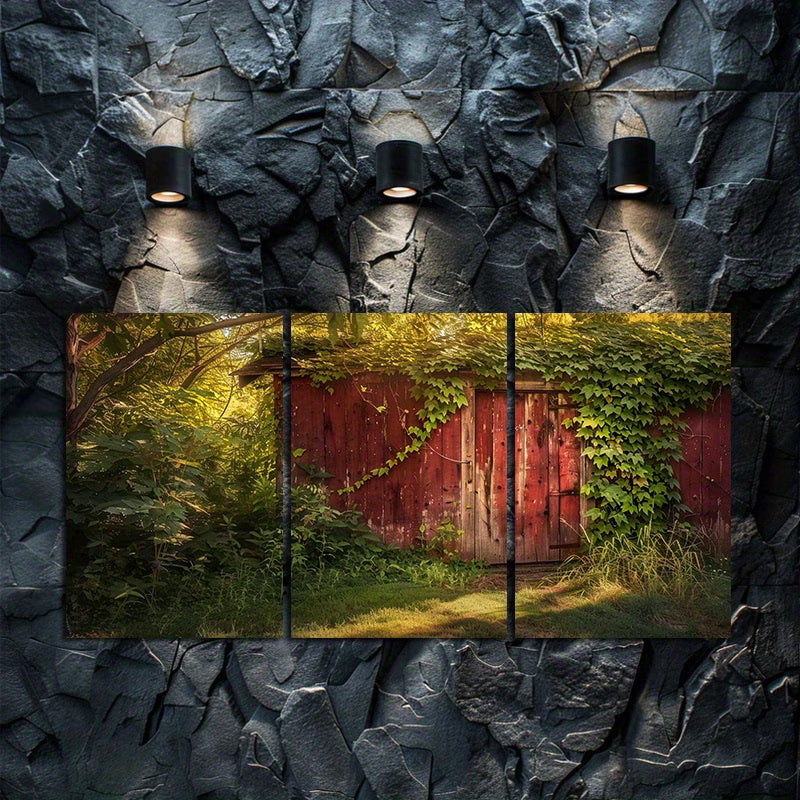 3pcs Old Red Wooden Cabin Covered in Vines Wall Art Set Canvas Framed 60x90cm - High Quality Print 100% Australian Made Wall Canvas Ready to Hang