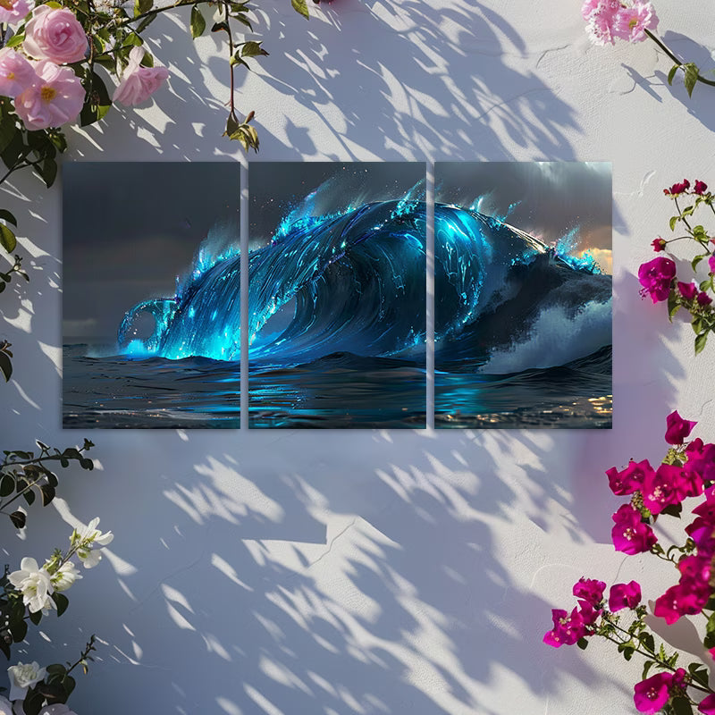 3pcs Bioluminescent Wave with Glowing Energy Wall Art Set Canvas Framed 50x70cm - High Quality Print 100% Australian Made Wall Canvas Ready to Hang - Bella Home Decor