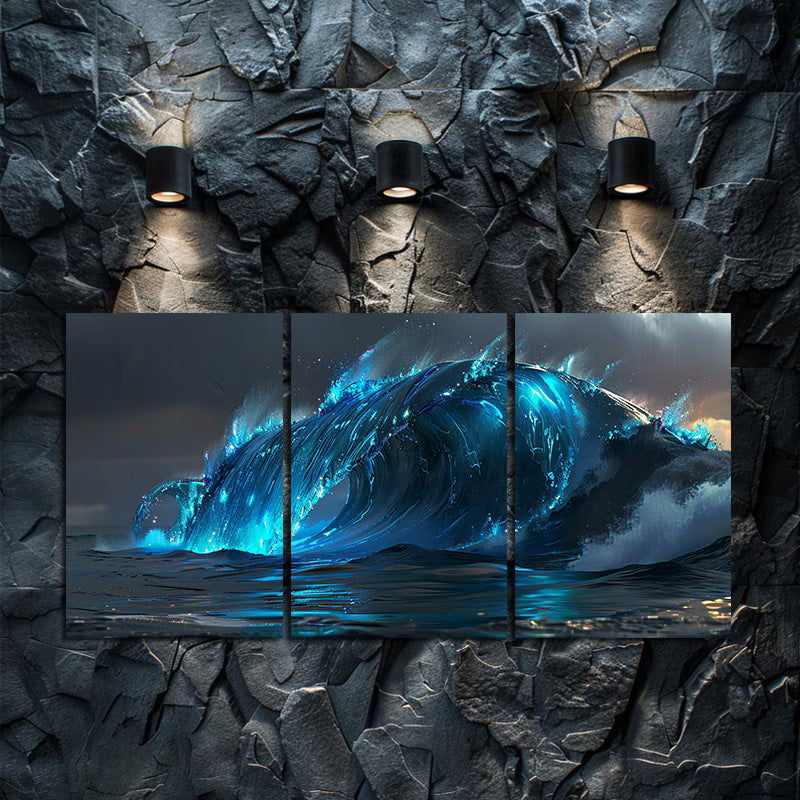 3pcs Bioluminescent Wave with Glowing Energy Wall Art Set Canvas Framed 60x90cm - High Quality Print 100% Australian Made Wall Canvas Ready to Hang - Bella Home Decor