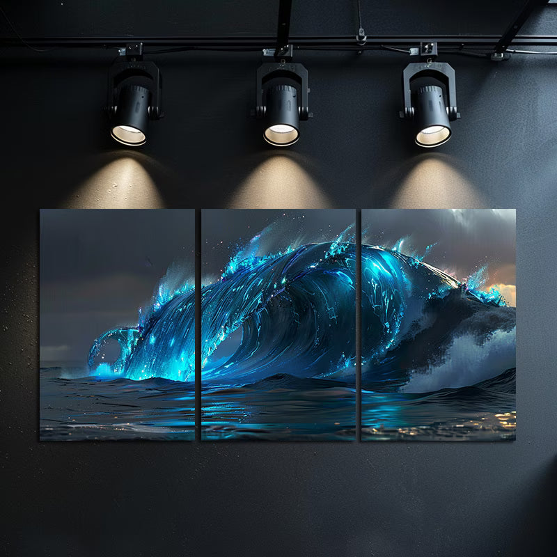 3pcs Bioluminescent Wave with Glowing Energy Wall Art Set Canvas Framed 50x70cm - High Quality Print 100% Australian Made Wall Canvas Ready to Hang - Bella Home Decor
