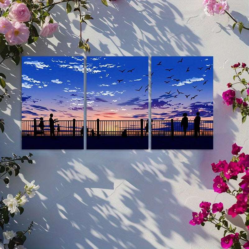 3pcs Anime Sky with Clouds and Silhouettes Wall Art Set Canvas Framed 40x60cm - High Quality Print 100% Australian Made Wall Canvas Ready to Hang - Bella Home Decor