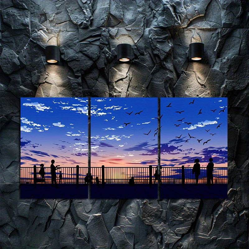 3pcs Anime Sky with Clouds and Silhouettes Wall Art Set Canvas Framed 40x60cm - High Quality Print 100% Australian Made Wall Canvas Ready to Hang - Bella Home Decor