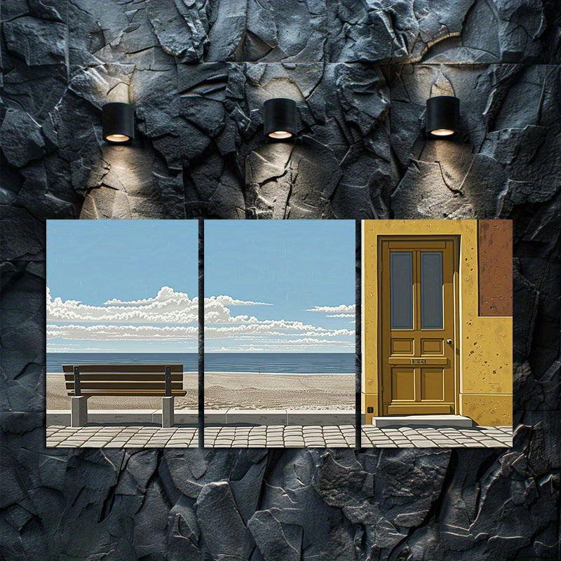 3pcs Anime Style Beach and Doorway Illustration Wall Art Set Canvas Framed 50x70cm - High Quality Print 100% Australian Made Wall Canvas Ready to Hang - Bella Home Decor