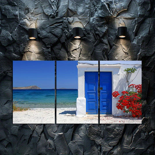 3pcs Greek Beach Scene with Blue Door and Floral Wall Art Set Canvas Framed 40x60cm - High Quality Print 100% Australian Made Wall Canvas Ready to Hang