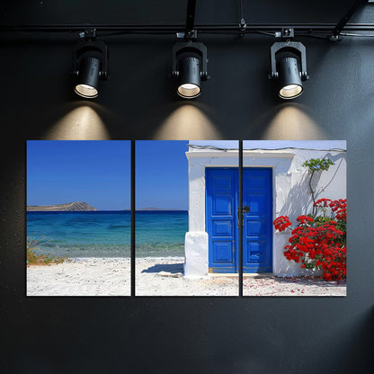 3pcs Greek Beach Scene with Blue Door and Floral Wall Art Set Canvas Framed 60x90cm - High Quality Print 100% Australian Made Wall Canvas Ready to Hang