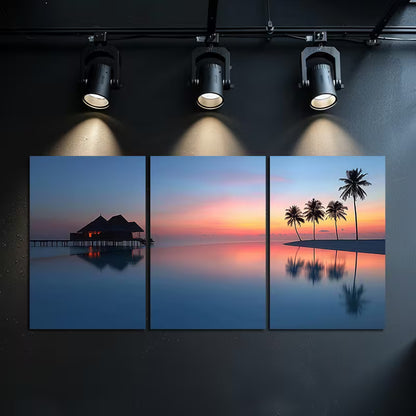 3pcs Maldives Resort Sunset with Palm Reflection Wall Art Set Canvas Framed 50x70cm - High Quality Print 100% Australian Made Wall Canvas Ready to Hang