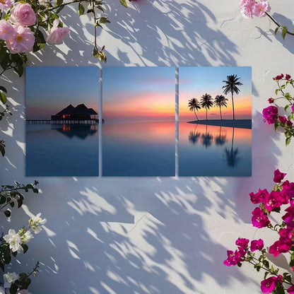 3pcs Maldives Resort Sunset with Palm Reflection Wall Art Set Canvas Framed 50x70cm - High Quality Print 100% Australian Made Wall Canvas Ready to Hang