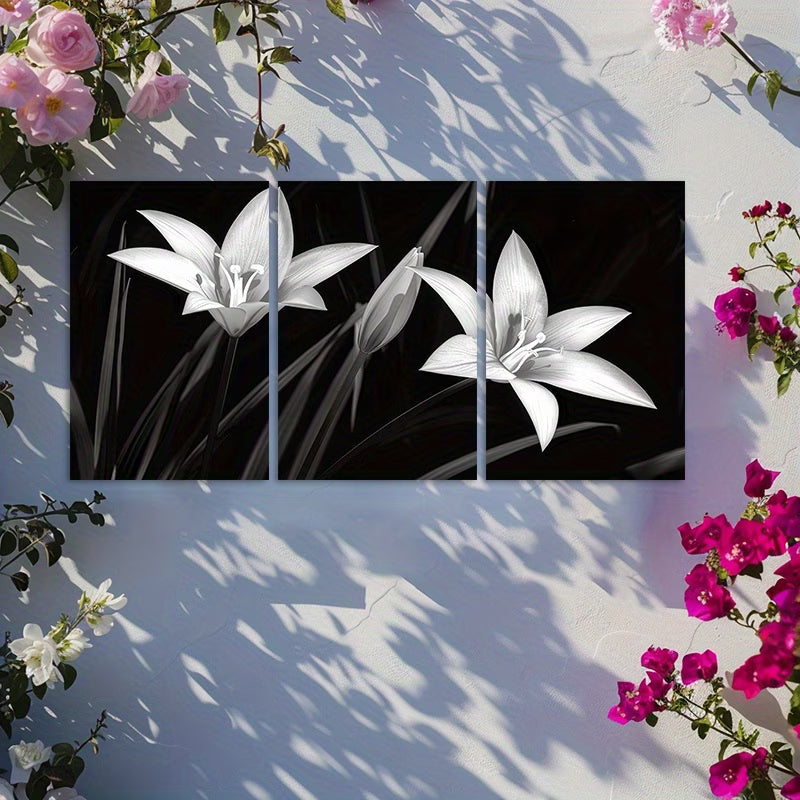3pcs Night Lilies in Black and White Wall Art Set Canvas Framed 40x60cm - High Quality Print 100% Australian Made Wall Canvas Ready to Hang