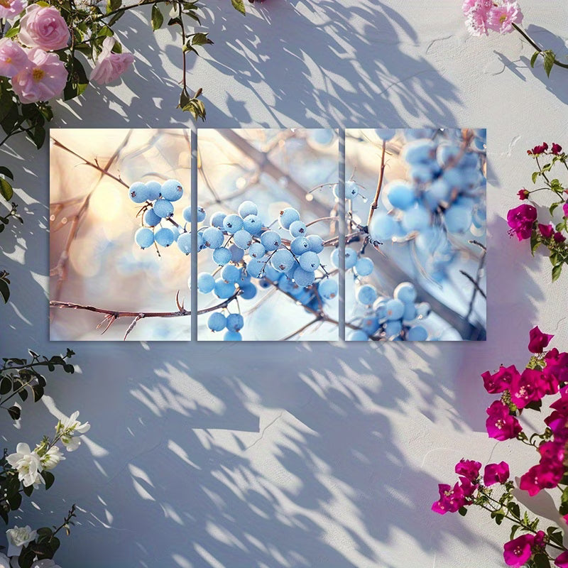 3pcs Blue Berries on Brambles Nature-Inspired Wall Art Set Canvas Framed 40x60cm - High Quality Print 100% Australian Made Wall Canvas Ready to Hang - Bella Home Decor