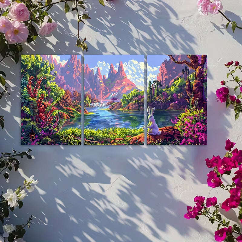 3pcs Illustration of Fantasy World with Mountains Wall Art Set Canvas Framed 60x90cm - High Quality Print 100% Australian Made Wall Canvas Ready to Hang