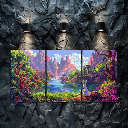 3pcs Illustration of Fantasy World with Mountains Wall Art Set Canvas Framed 60x90cm - High Quality Print 100% Australian Made Wall Canvas Ready to Hang