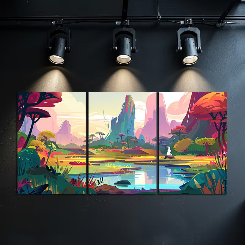 3pcs Colorful Cartoon Style Landscape Wall Art Set Canvas Framed 60x90cm - High Quality Print 100% Australian Made Wall Canvas Ready to Hang - Bella Home Decor