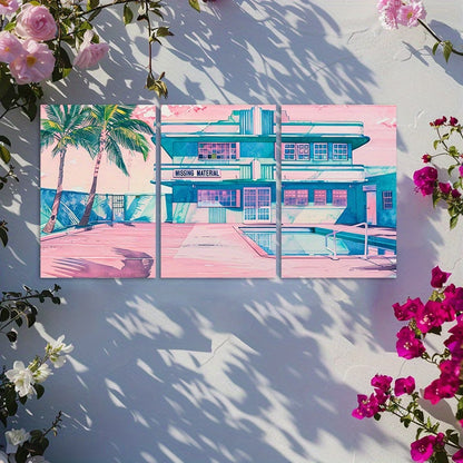 3pcs Vibrant Art Deco Motel & Poolside Scene Wall Art Set Canvas Framed 60x90cm - High Quality Print 100% Australian Made Wall Canvas Ready to Hang