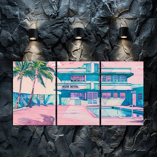 3pcs Vibrant Art Deco Motel & Poolside Scene Wall Art Set Canvas Framed 60x90cm - High Quality Print 100% Australian Made Wall Canvas Ready to Hang