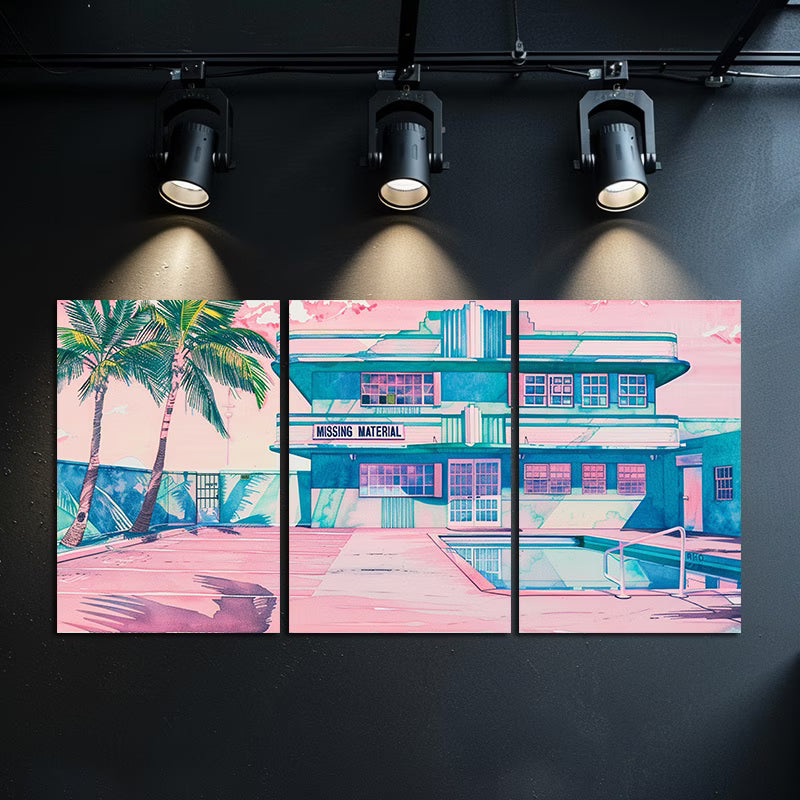 3pcs Vibrant Art Deco Motel & Poolside Scene Wall Art Set Canvas Framed 50x70cm - High Quality Print 100% Australian Made Wall Canvas Ready to Hang