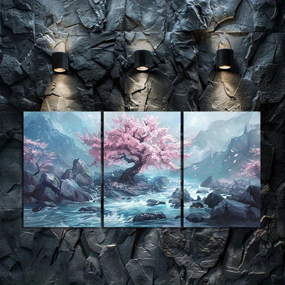 3pcs Cherry Blossom Tree in The Middle of A Rock Wall Art Set Canvas Framed 40x60cm - High Quality Print 100% Australian Made Wall Canvas Ready to Hang - Bella Home Decor