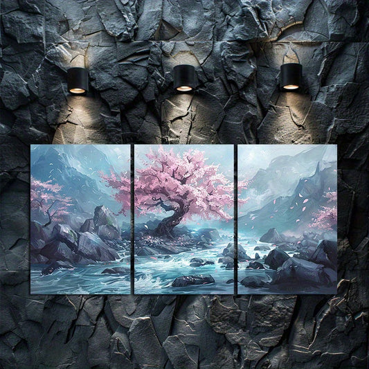 3pcs Cherry Blossom Tree in The Middle of A Rock Wall Art Set Canvas Framed 60x90cm - High Quality Print 100% Australian Made Wall Canvas Ready to Hang