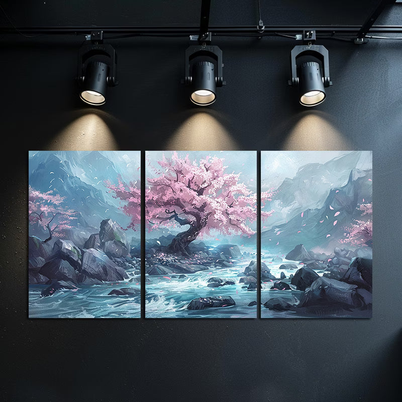 3pcs Cherry Blossom Tree in The Middle of A Rock Wall Art Set Canvas Framed 50x70cm - High Quality Print 100% Australian Made Wall Canvas Ready to Hang