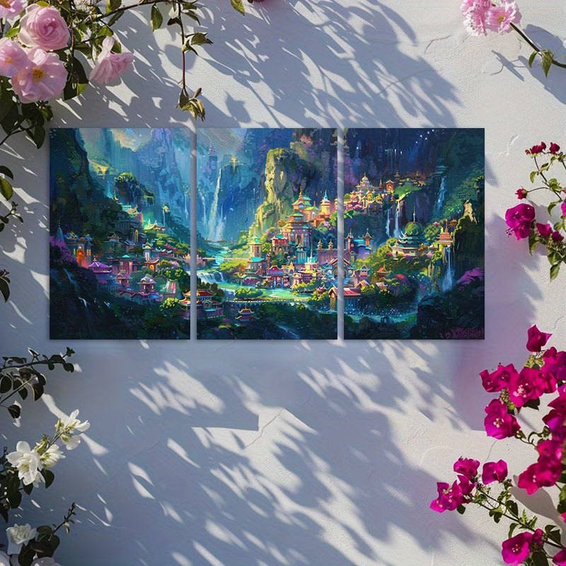 3pcs Asian Inspired Mountain Surrounded City Wall Art Set Canvas Framed 40x60cm - High Quality Print 100% Australian Made Wall Canvas Ready to Hang - Bella Home Decor