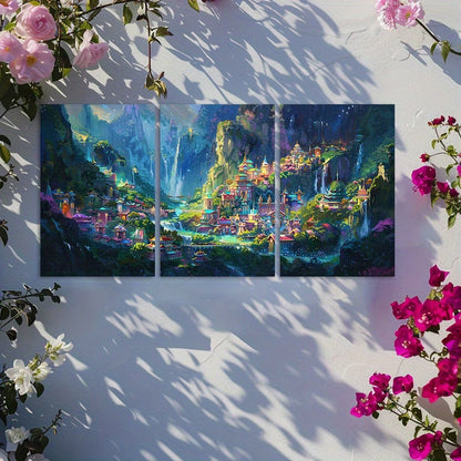 3pcs Asian Inspired Mountain Surrounded City Wall Art Set Canvas Framed 40x60cm - High Quality Print 100% Australian Made Wall Canvas Ready to Hang - Bella Home Decor