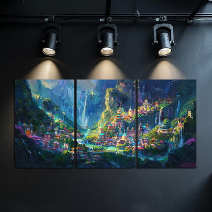 3pcs Asian Inspired Mountain Surrounded City Wall Art Set Canvas Framed 60x90cm - High Quality Print 100% Australian Made Wall Canvas Ready to Hang - Bella Home Decor